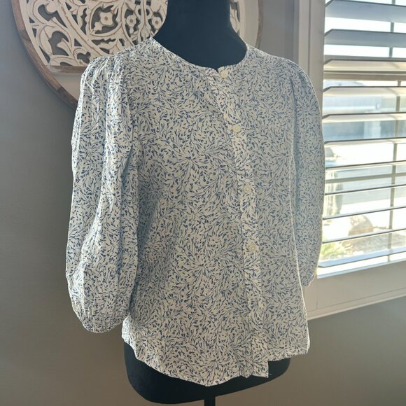 H&M Top Linen Button Down Shirt Blue Floral Blouse Spring Casual Everyday SZS - Picture 5 of 13